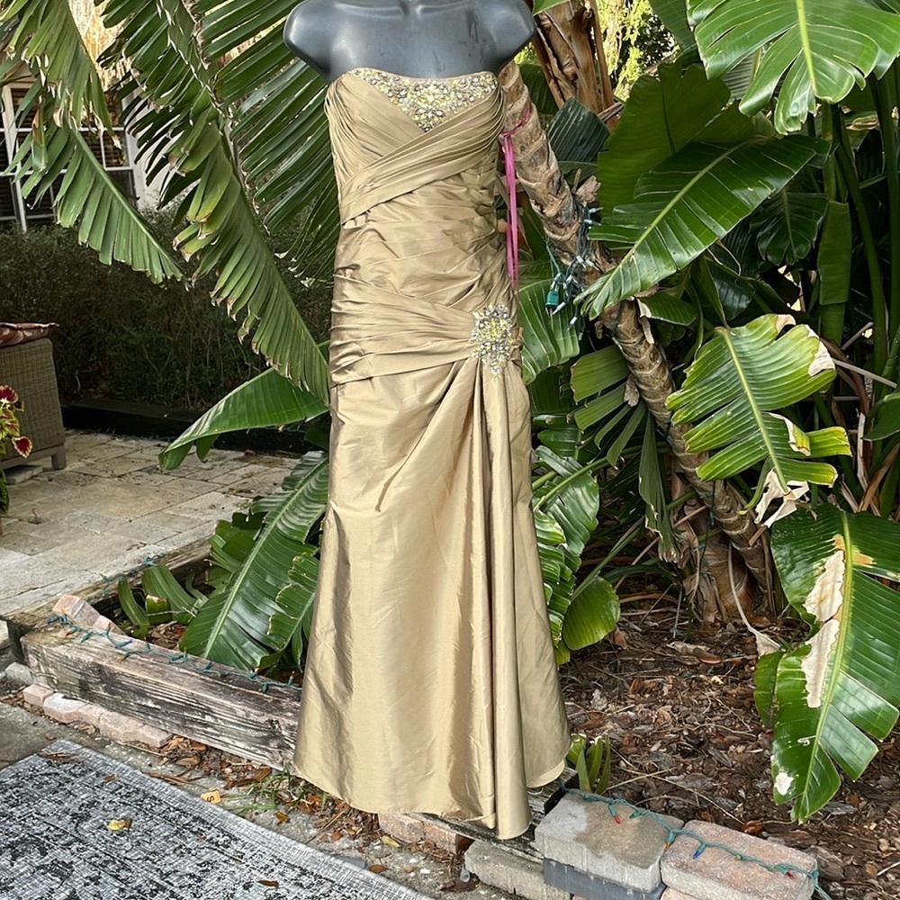 Gold metallic strapless, mermaid dress and crop jacket